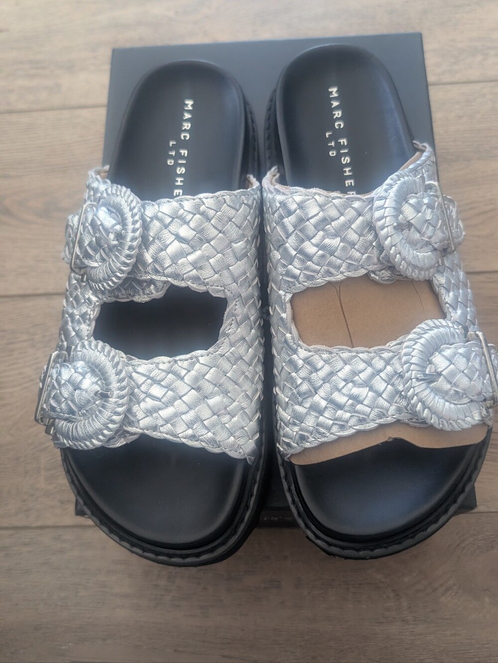 Marc Fisher Silver Woven Slide Sandals